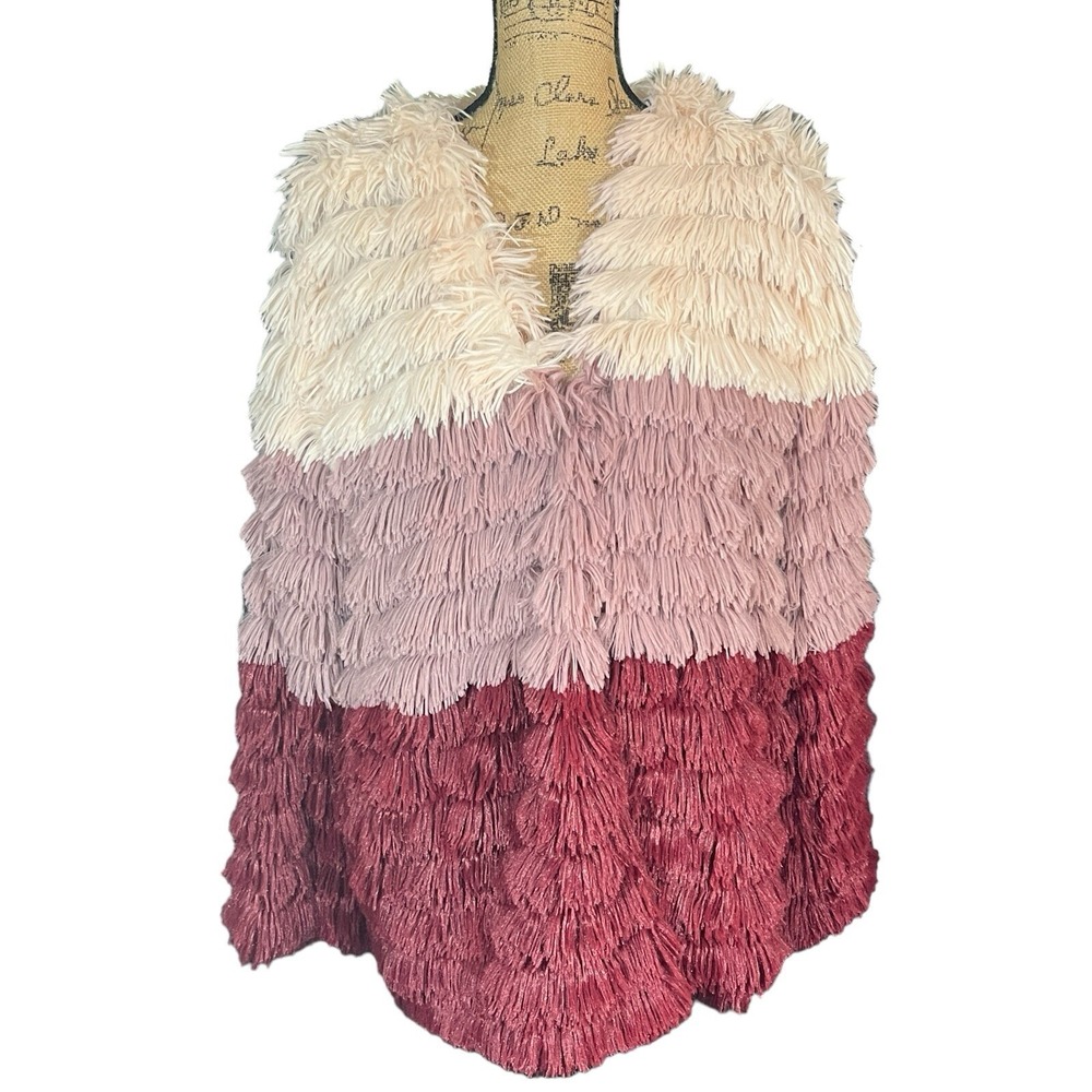 MINKPINK Sz M Lost Weekend Long Sleeve Faux Fur Shag Colorblock Hippie Retro